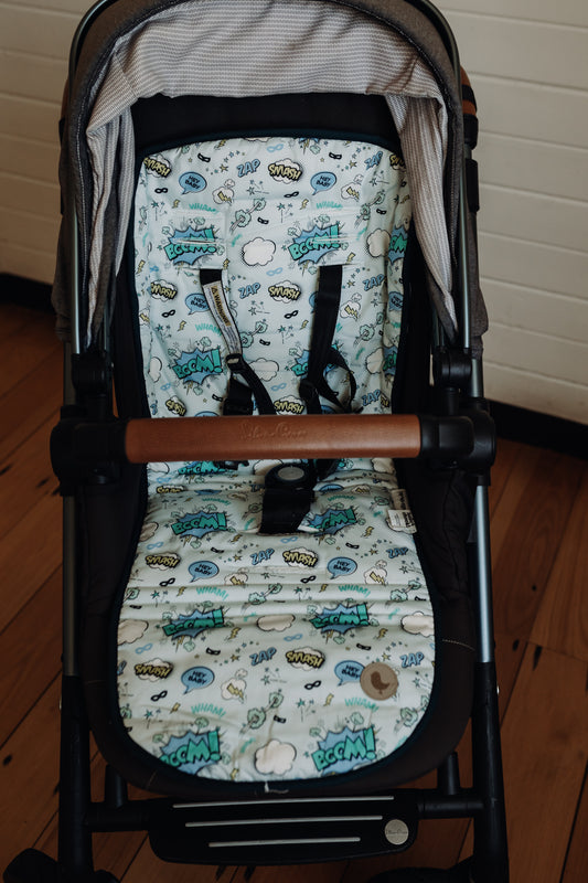 Hello Chooki-Pram Liner-Blue-Superhero-Stripes-Reversible-Universal Size-Extra Thick