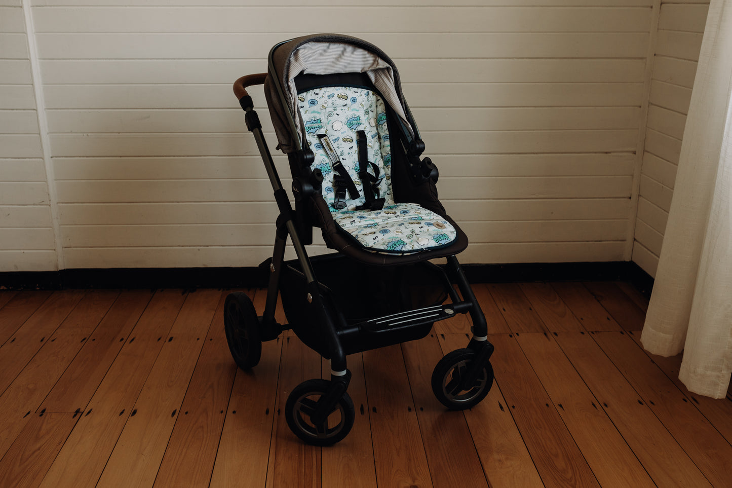 Hello Chooki-Pram Liner-Blue-Superhero-Stripes-Reversible-Universal Size-Extra Thick