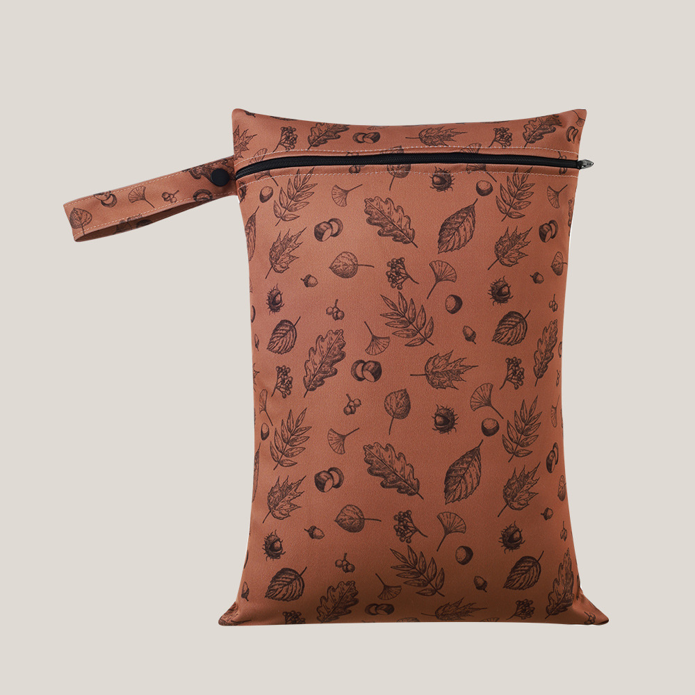 Reusable baby and child wet bag - brown nut & leaf.