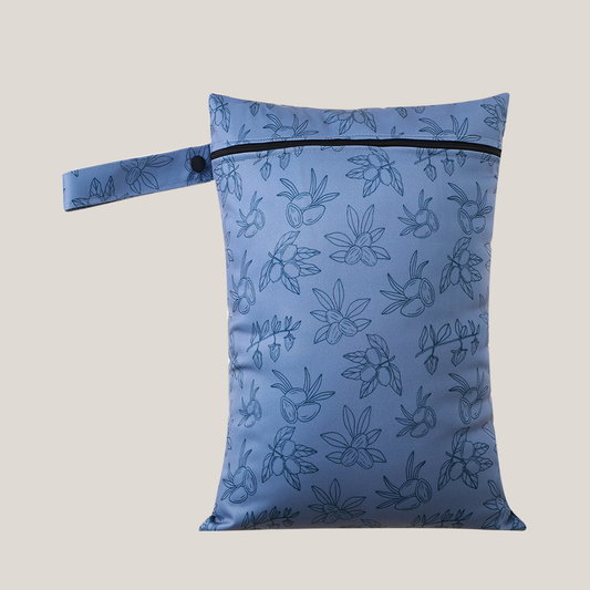 Reusable baby and child wet bag - blue nut & leaf.