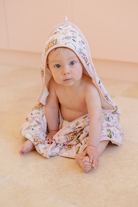 BABY HOODED TOWEL - SUPERHERO PINK